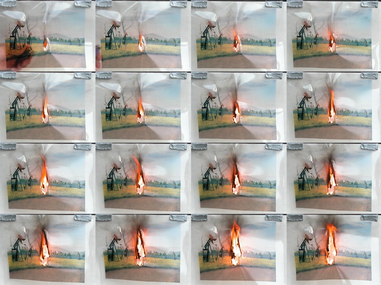 A grid of sixteen frames showing a fire sequence