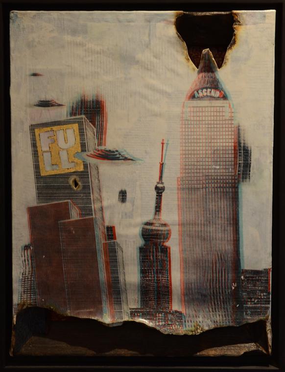 Ascension: Above / Ascension: Below, anaglyph cityscape on canvas with burned edges