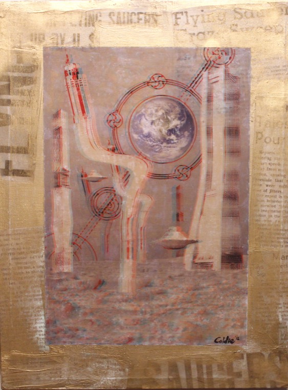 Home, anaglyph collage on canvas with a UFO and crop circle