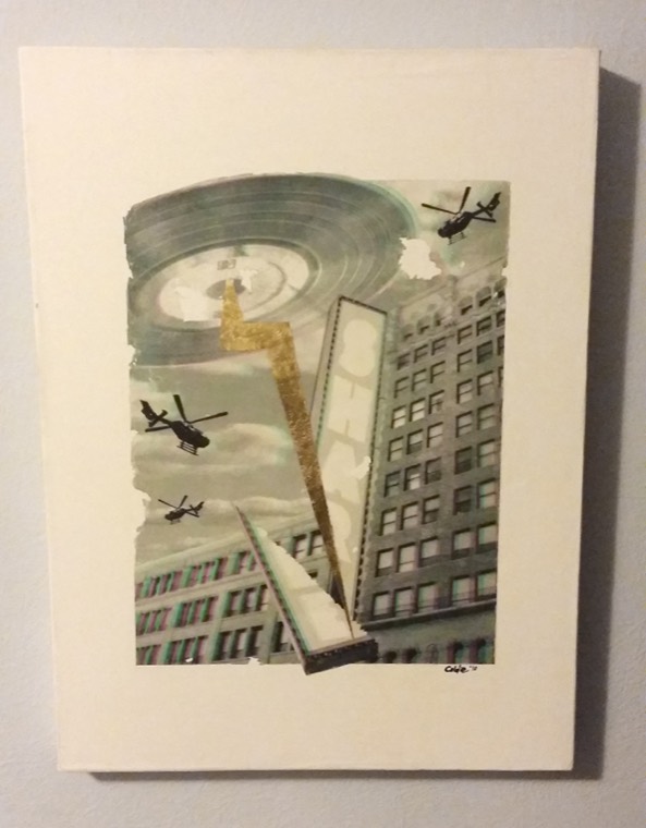 Music Apocalypse, anaglyph collage with helicopters and a record over a city