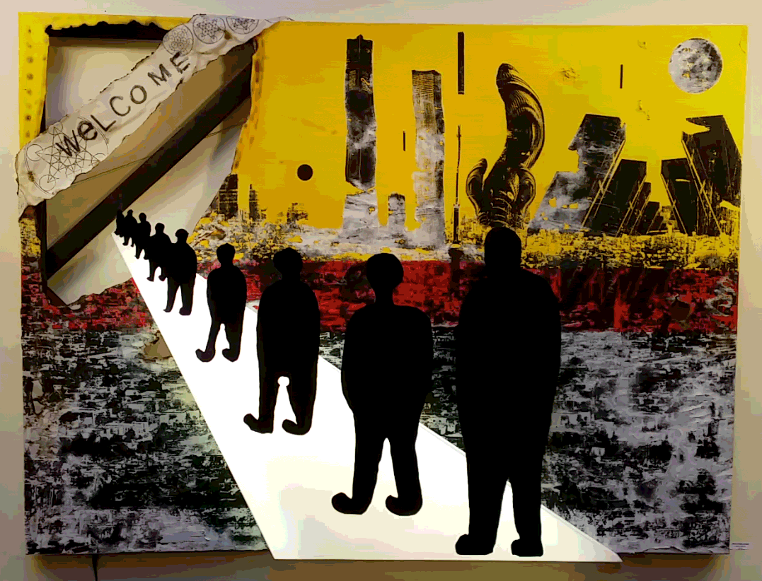 Welcome Home, anaglyph collage on canvas: silhouettes walking toward a city, animated