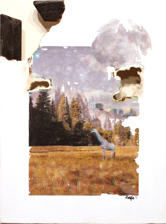 Yosemite Falls, anaglyph collage on canvas with burned edges