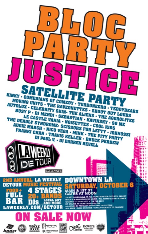 Poster for the 2007 LA Weekly Detour Music Festival, headlined by Bloc Party and Justice