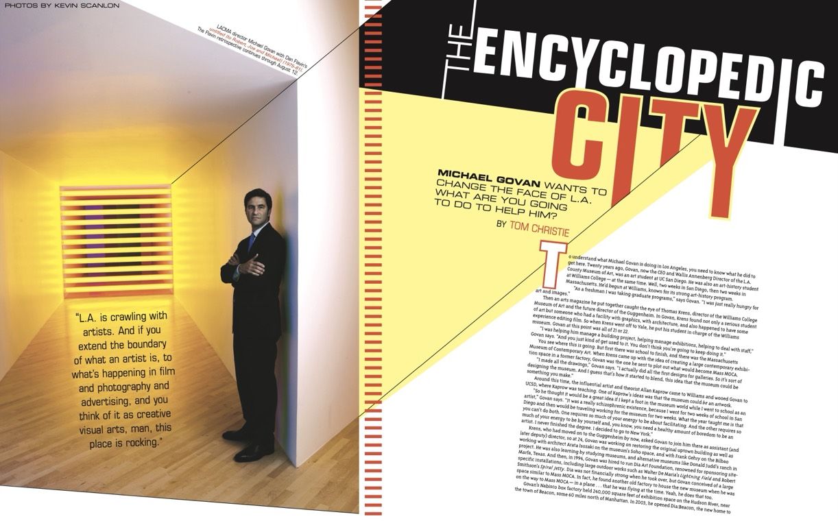 Two-page feature spread: The Encyclopedic City, with Michael Govan photographed in a gallery corridor