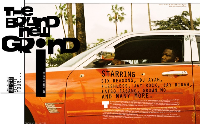 Feature spread: The Grind, hip-hop typography over an orange car