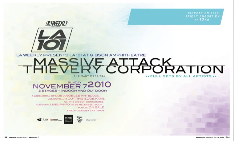 LA 101 2010 guide spread with Massive Attack and Thievery Corporation