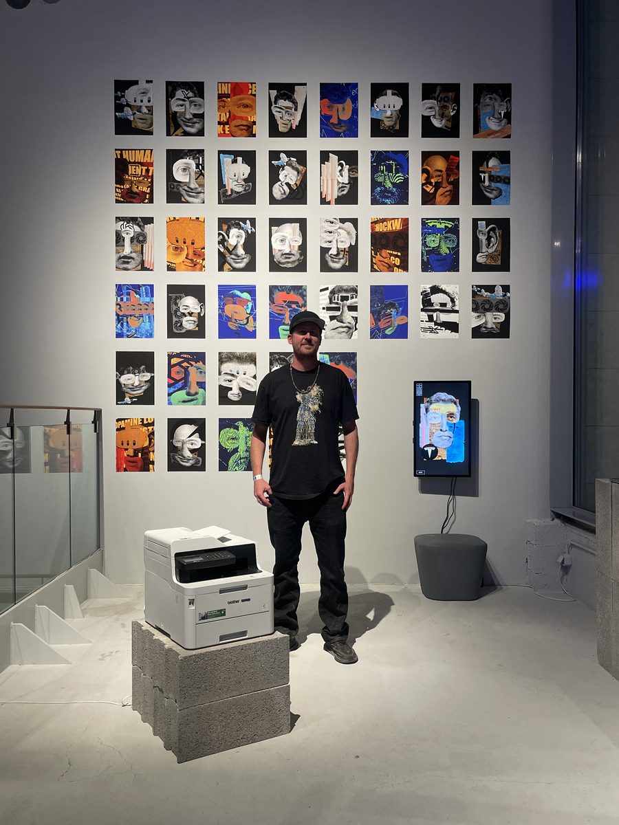 Coldie at Eterno Gallery, Lisbon, in front of a wall of Decentral Eyes prints