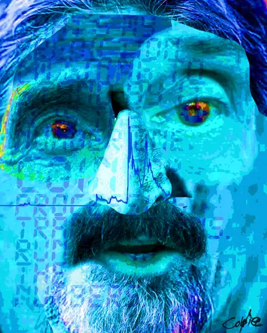 Decentral Eyes - John McAfee - Variant 01 — 1/1 digital artwork by Coldie (2018), Decentral Eyes series