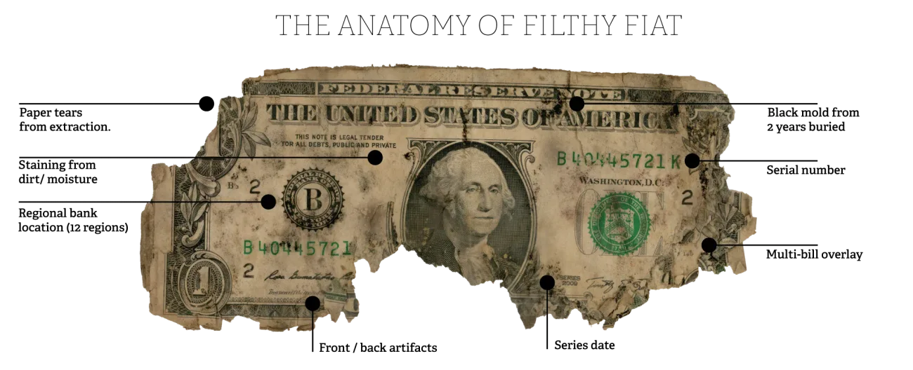 The anatomy of a Filthy Fiat bill — a mold-ruined dollar labeled with its extraction artifacts